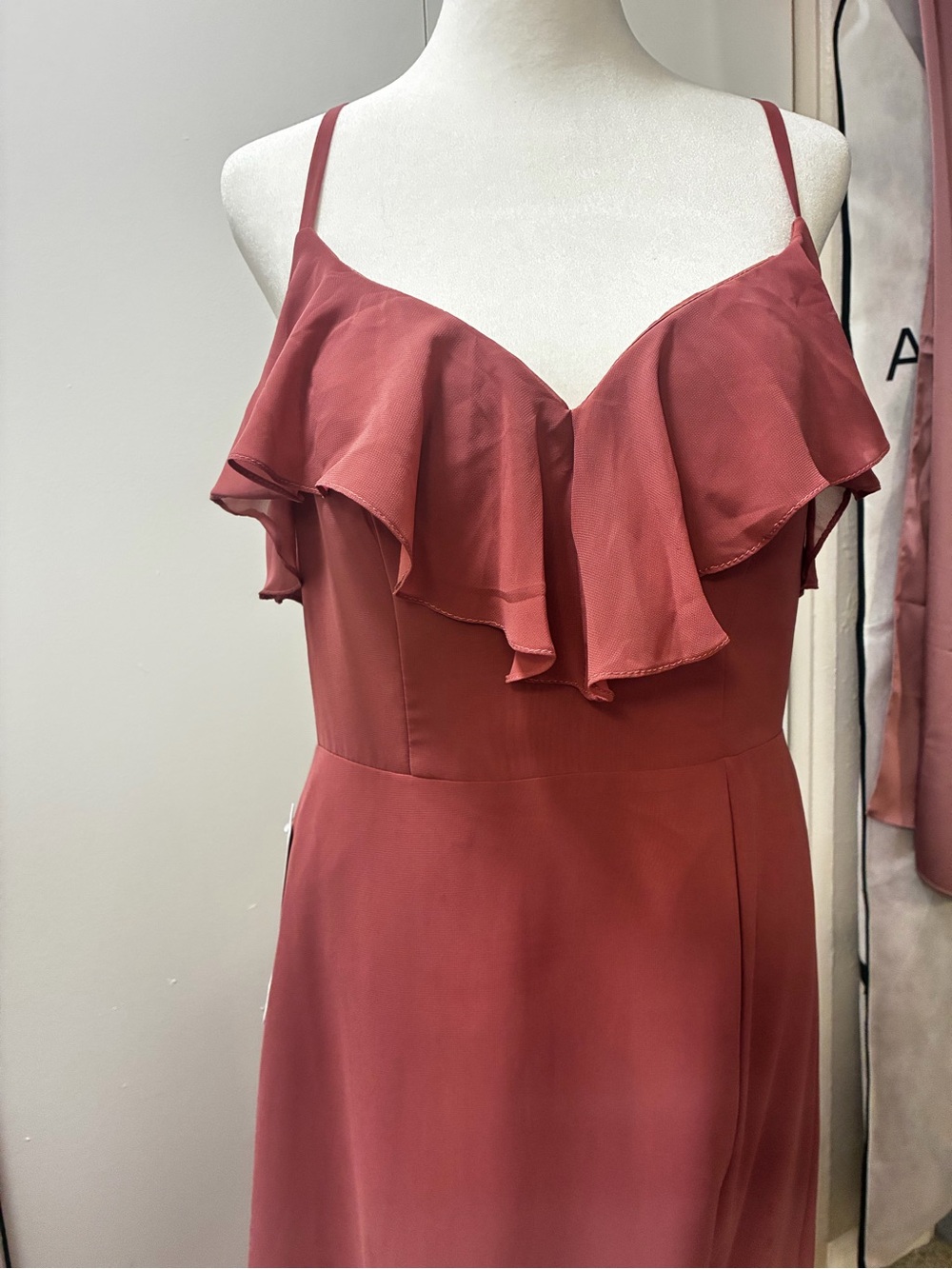 Azazie Ruffle-Front Dress in Dusty Rose, Desert Rose, Size 8, Bridesmaid Dress